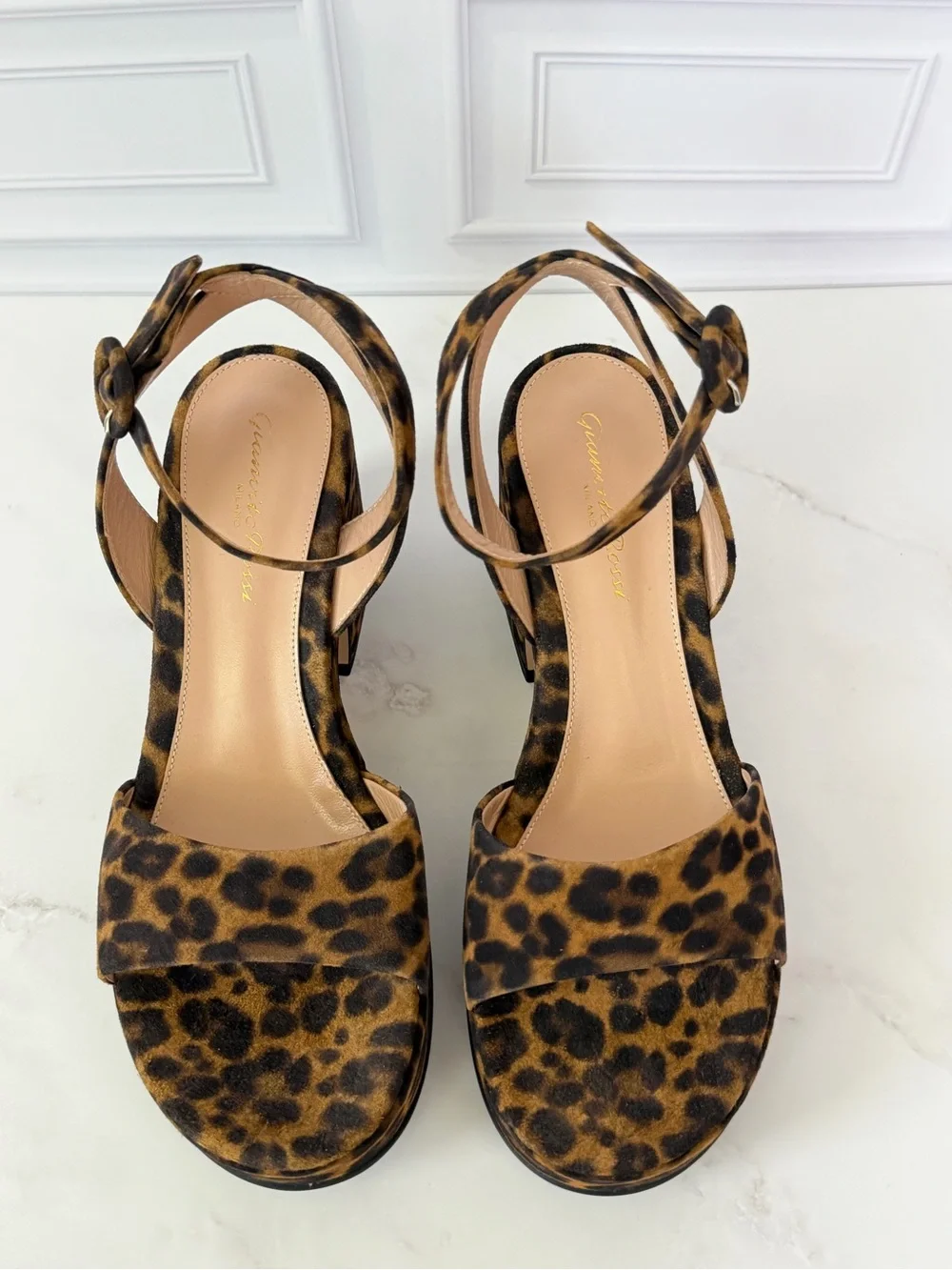 Gianvito Rossi Alma Leopard Print Platform Sandals Ankle Strap Block Heel 36.5